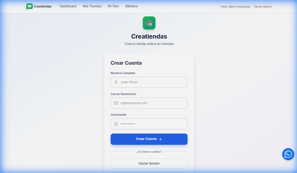 Demostración de Creatiendas: 1. Regístrate en segundos